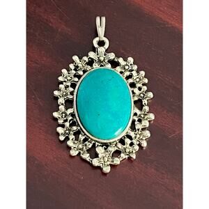 Floral Silver Toned Turquoise Necklace Pendant Boho Western Rodeo